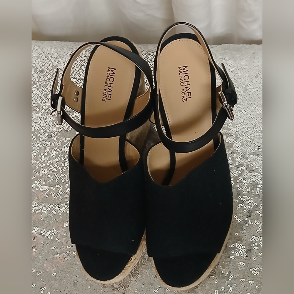 MICHAEL Michael Kors Black Suede Espadrille Wedge Sandals - Picture 10 of 16
